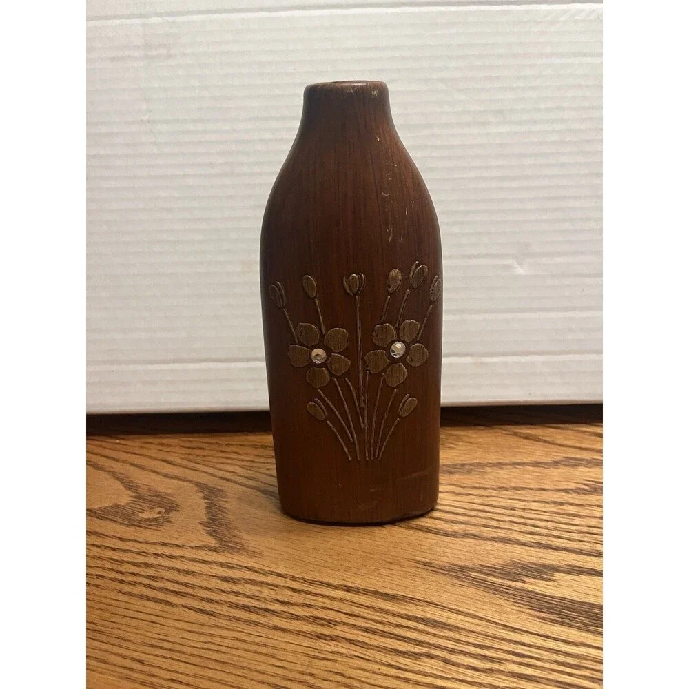 VINTAGE CERAMIC FAUX WOOD GRAIN  VASE 8” X  3” with RHINESTONE ACCENTS